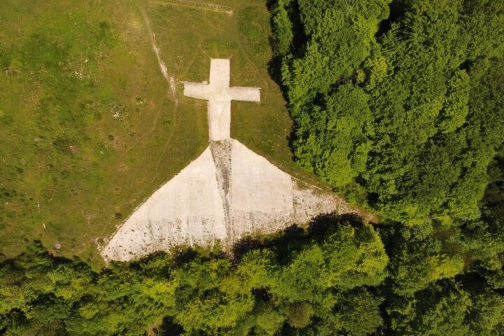 Aerial View Of The Whiteleaf Cross On Brush Hill, Near Princes Risborough, England, A Hill Figure Cut Into Chalk, Near The Ridgeway, Probably Of Prehistoric Origins