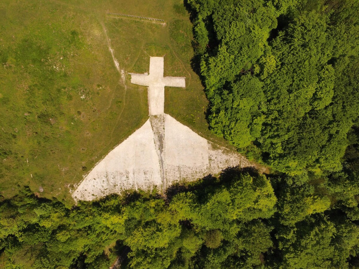 Aerial View Of The Whiteleaf Cross On Brush Hill, Near Princes Risborough, England, A Hill Figure Cut Into Chalk, Near The Ridgeway, Probably Of Prehistoric Origins